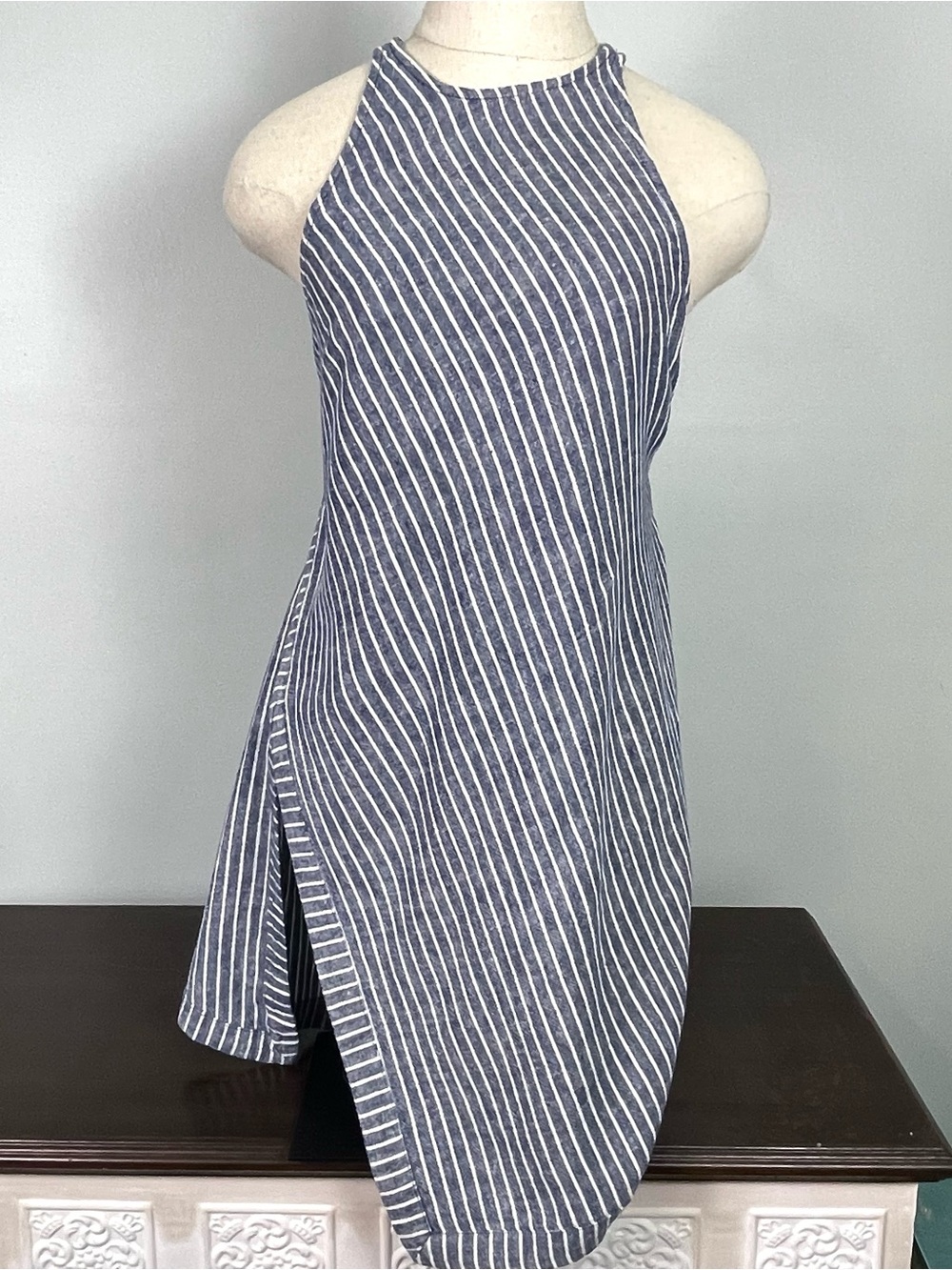 FREE PEOPLE Linen Blend Blue White Striped Halter Dress Criss Cross Back Size 0